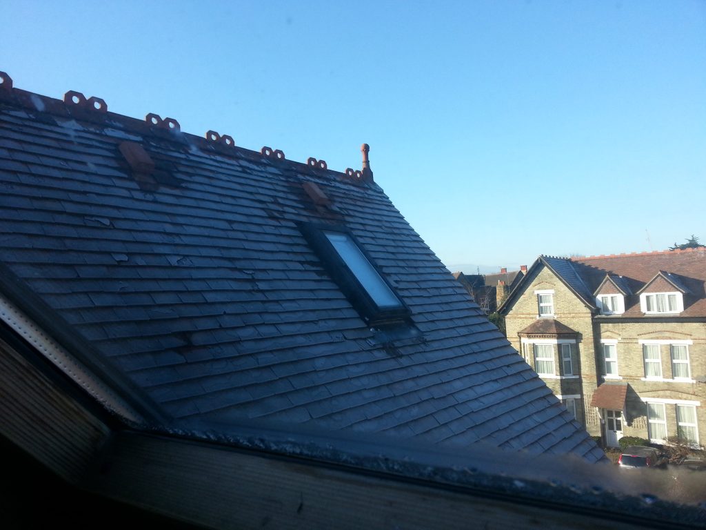 Image of frosty London roof and windows flush with roof slope